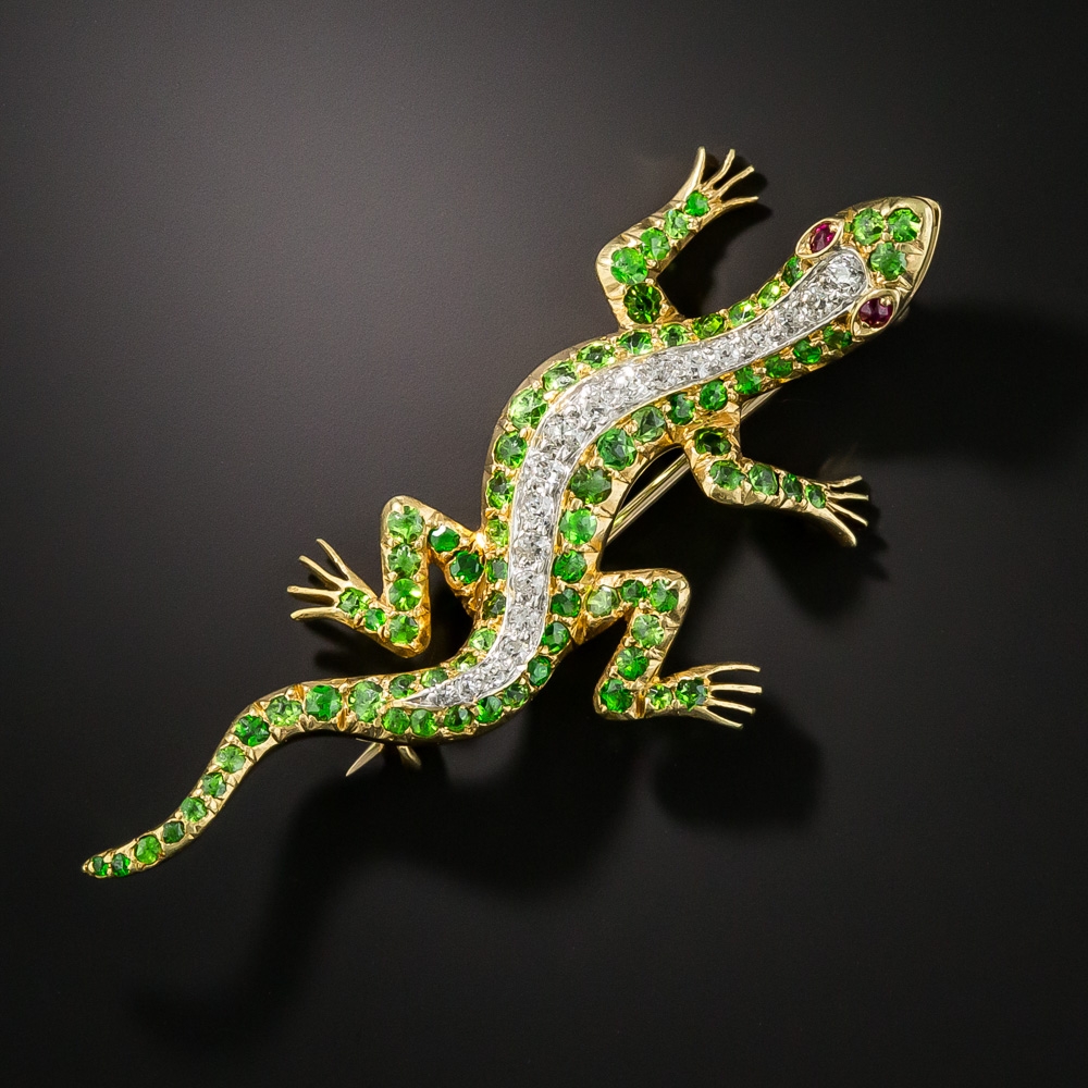 Demantoid Garnet and Diamond Salamander Brooch