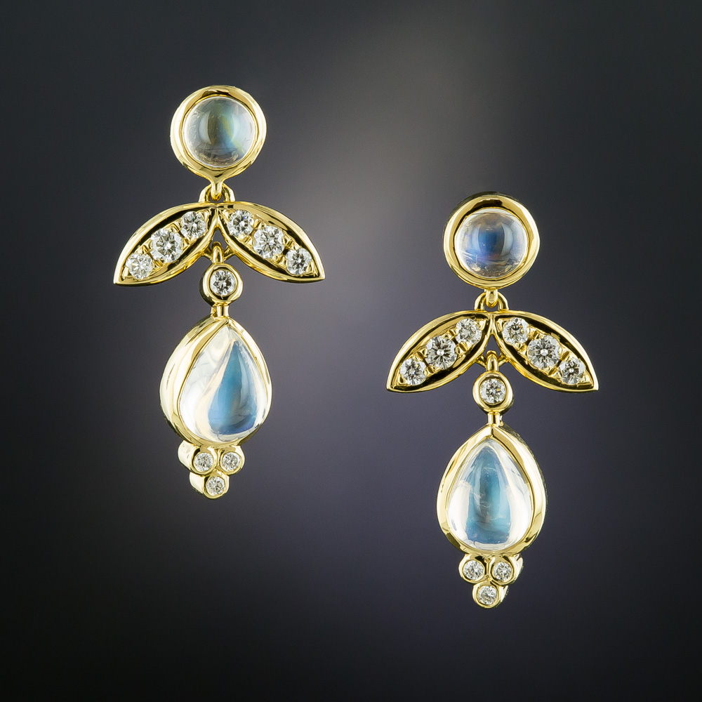 Diamond and Moonstone Drop Earrings by Temple St. Clair