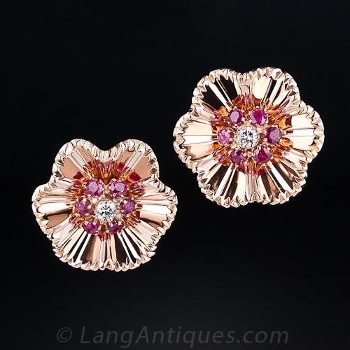 Diamond and Ruby Retro Clip Earrings