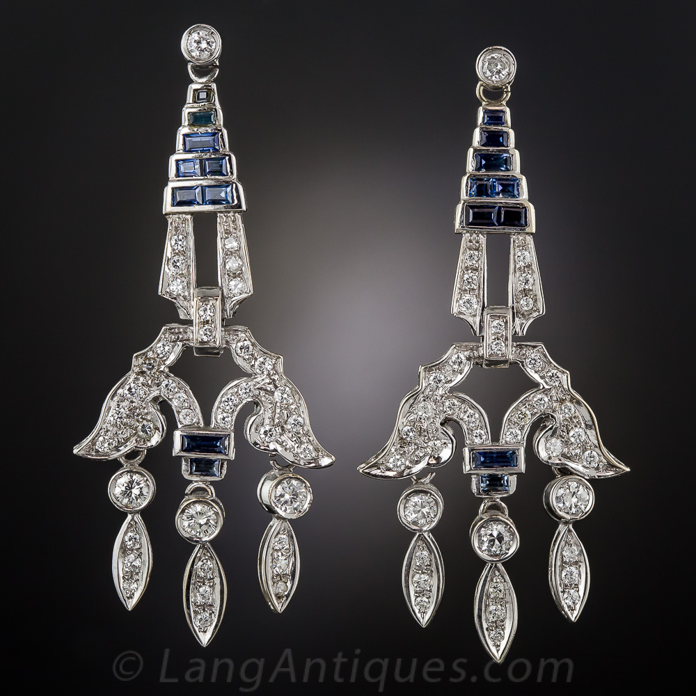 Diamond and Sapphire Art Deco Style Drop Earrings