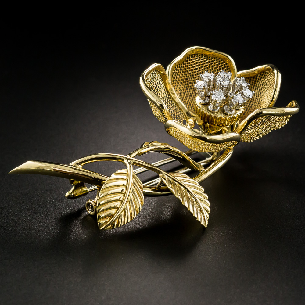 Retro Matte Black Jeweled Metal Flower Pin Brooch w/Dark Faceted Stones Elegant