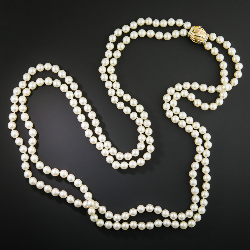 Double Strand of Cultured Pearls with Gold and Diamond Clasp