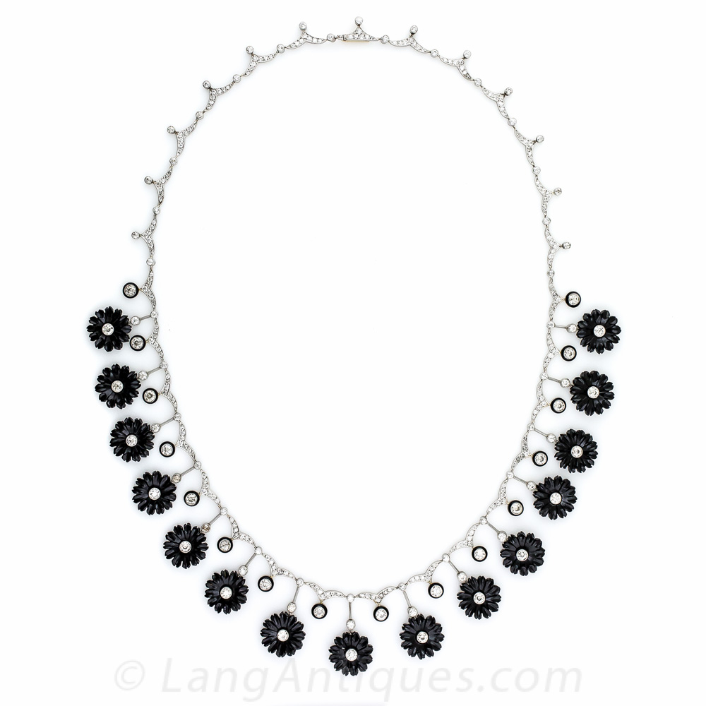 Early Art Deco Diamond and Onyx Flower Necklace