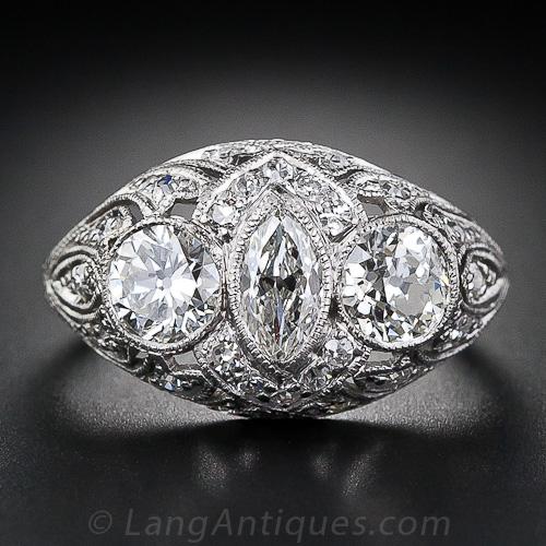 Early Art Deco Marquise Diamond Center Three Stone Ring