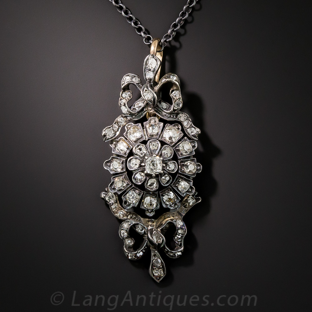 Victorian Diamond Bow Motif Pendant Necklace