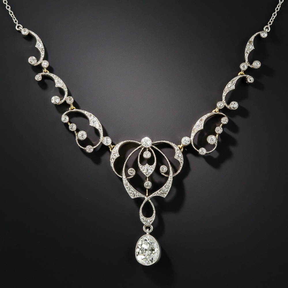 Edwardian 1.51 Carat Pear Shape Diamond Necklace - GIA F VVS2