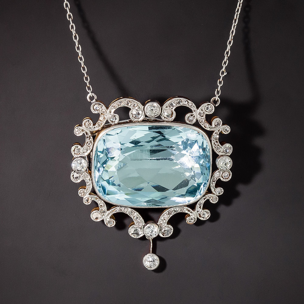 Edwardian Aquamarine and Diamond Lavaliere Necklace