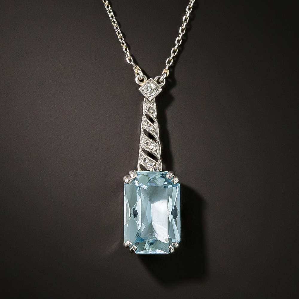 Edwardian Aquamarine Diamond Platinum Pendant Necklace