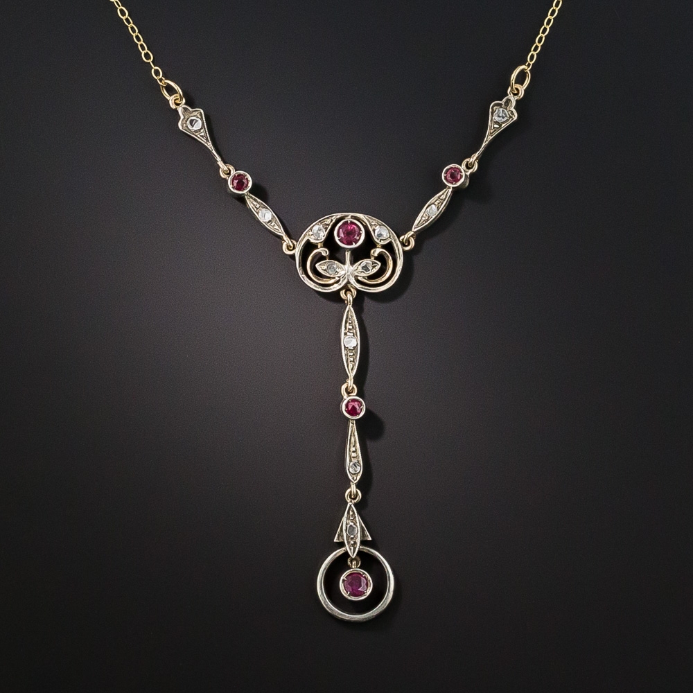 Edwardian/Art Nouveau Ruby and Diamond Lavaliere Necklace