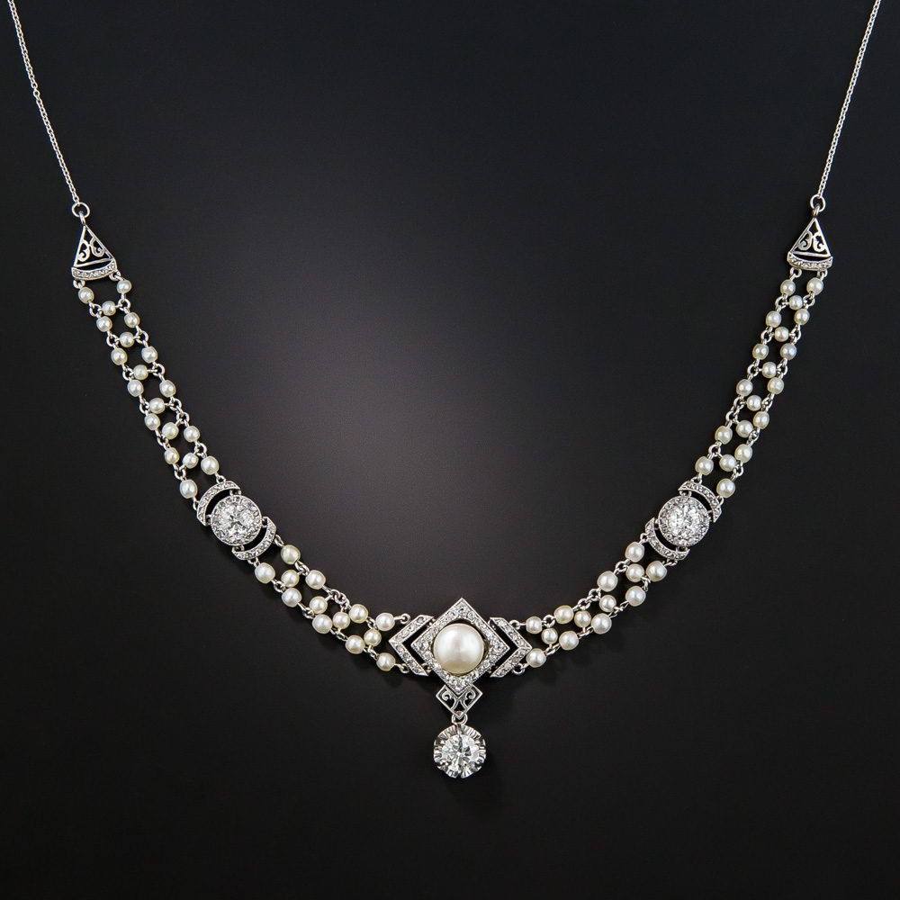 Edwardian/Belle Époque Diamond and Natural Pearl Necklace - What's New