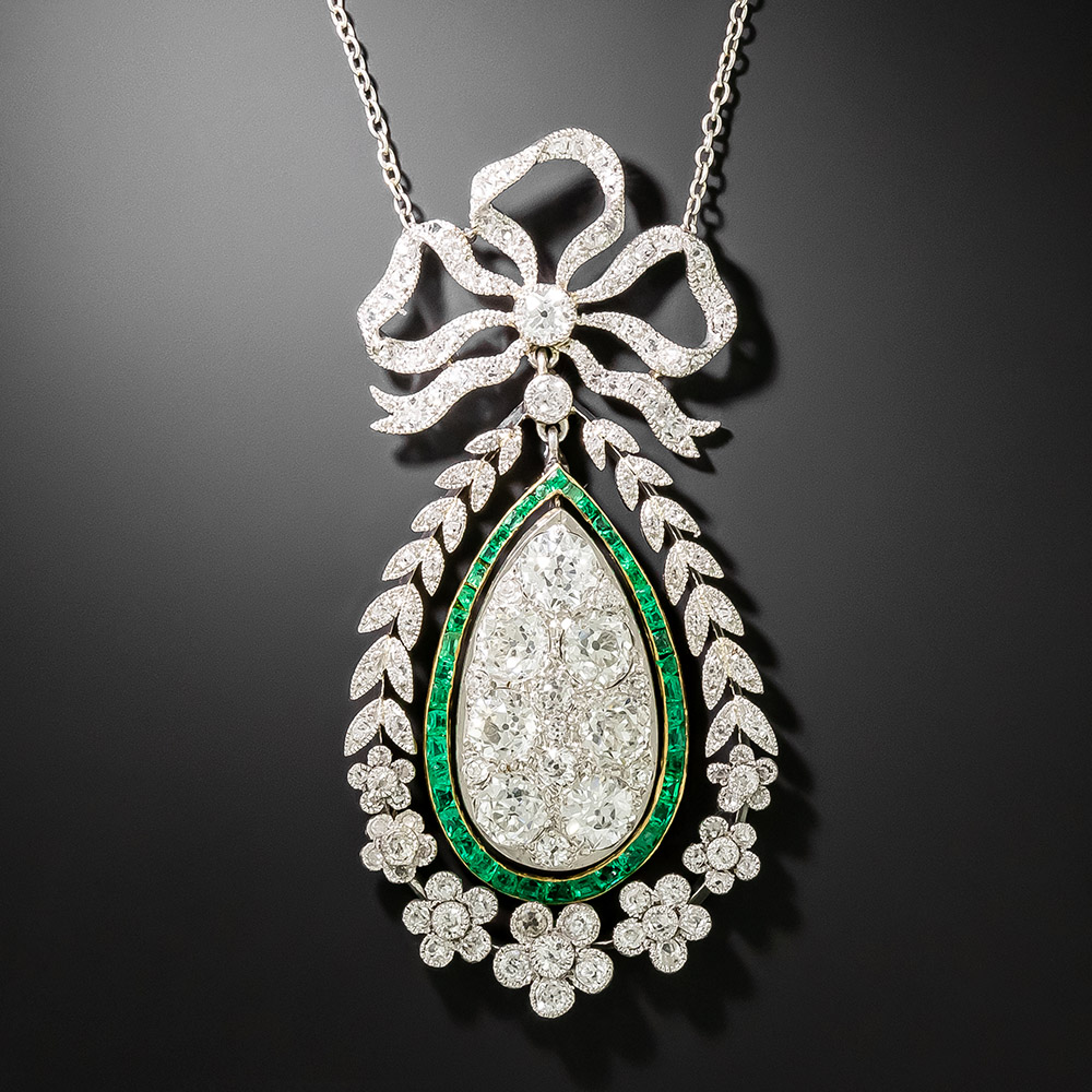 Edwardian Diamond and Emerald Bow Necklace