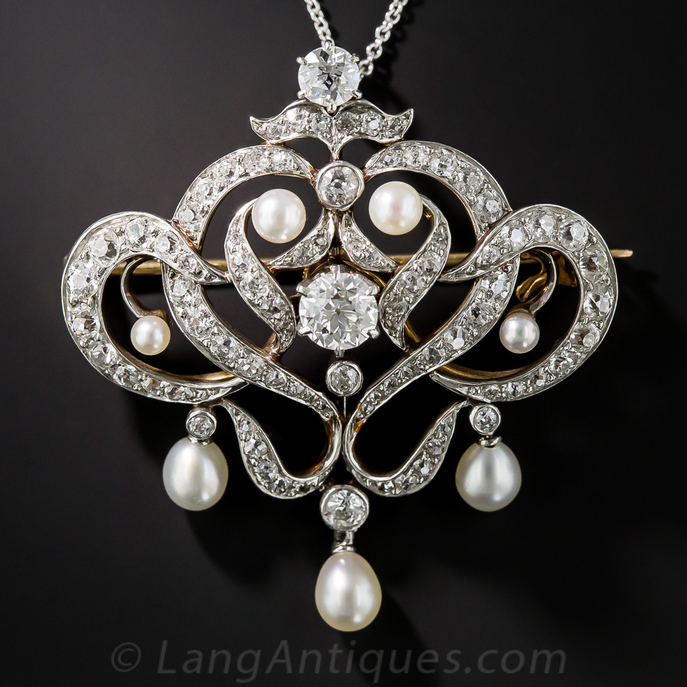 Edwardian Diamond and Natural Pearl Brooch / Pendant