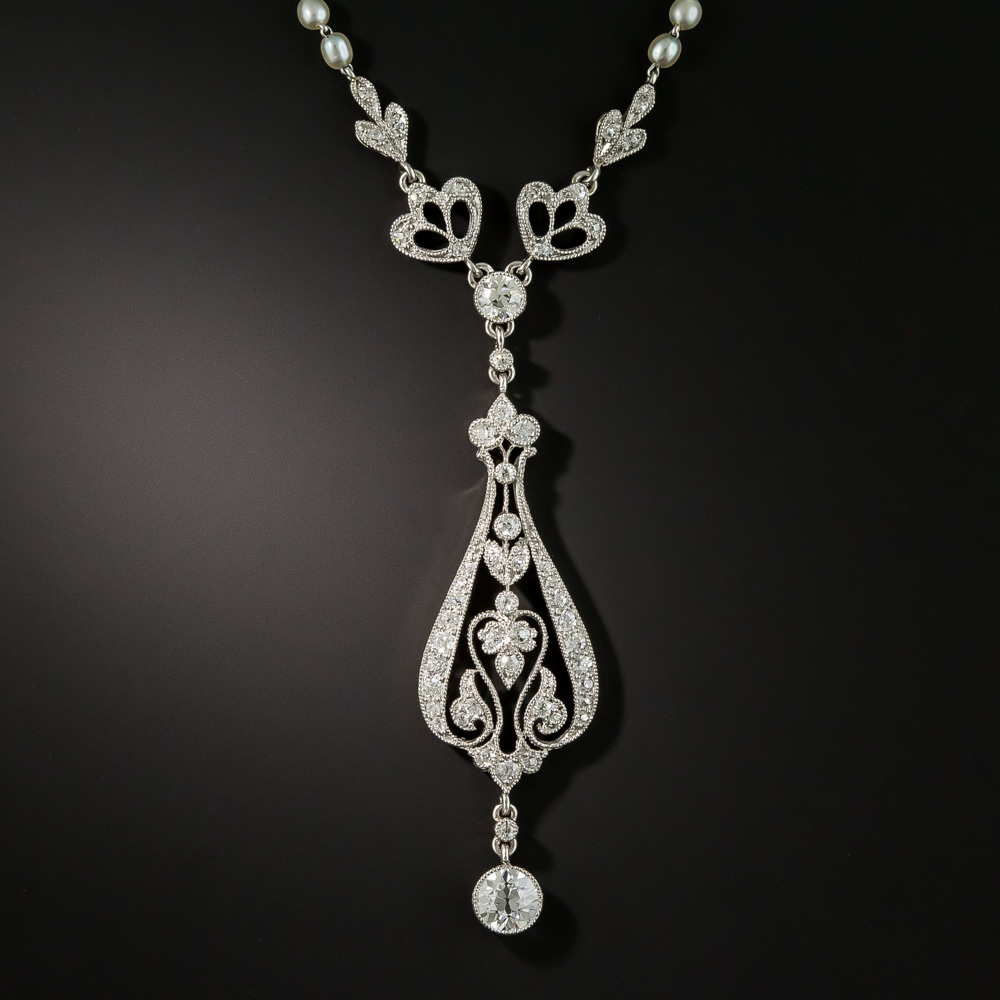 Edwardian Diamond and Natural Pearl Lavaliere Necklace
