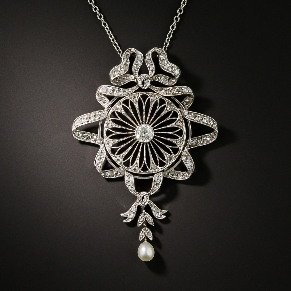 Edwardian Diamond and Pearl Bow and Ribbon Lavalière