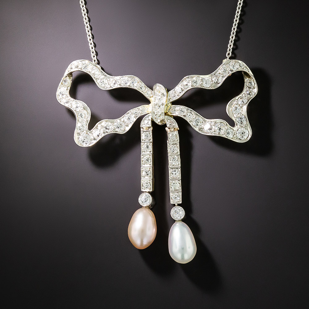 Edwardian Diamond and Pearl Bow Necklace