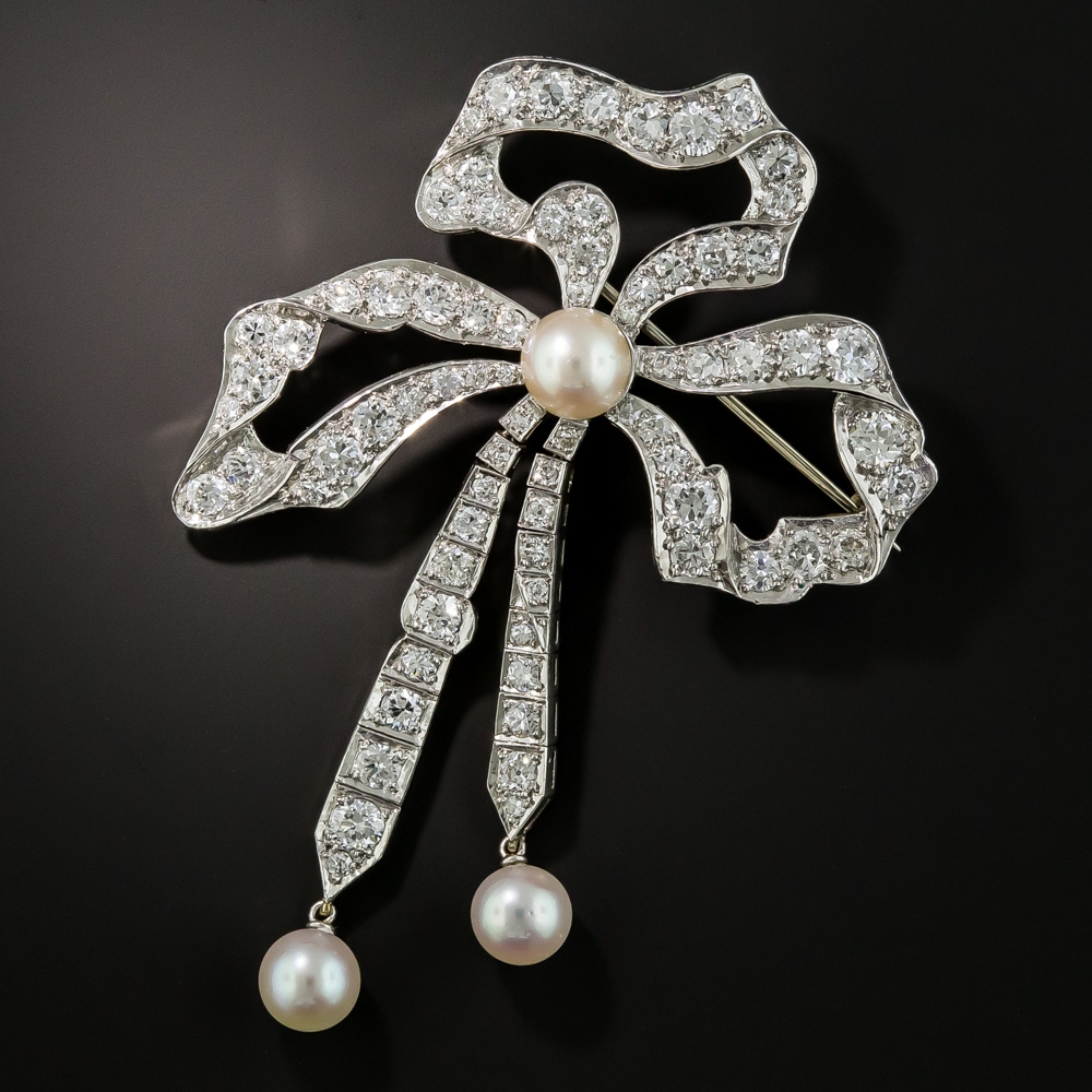 Edwardian Diamond and Pearl Bow Pendant Brooch