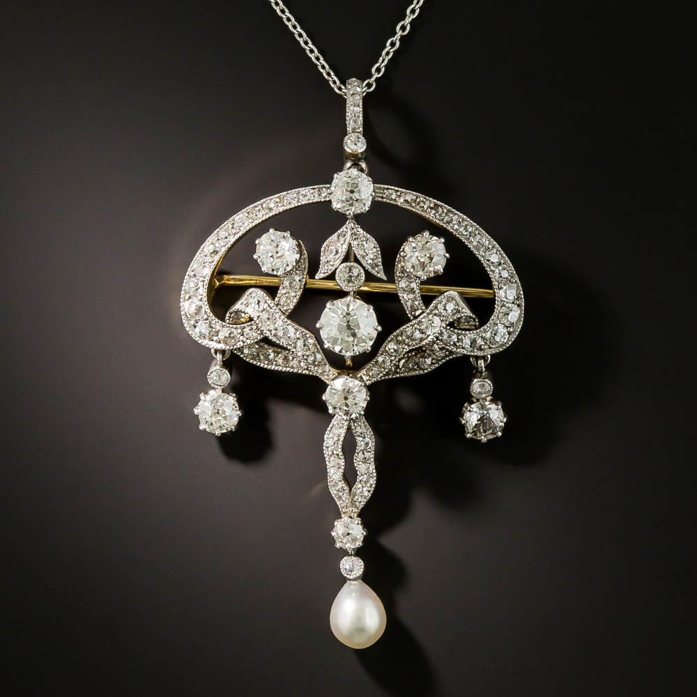 Edwardian Diamond and Pearl Drop Pendant/Pin