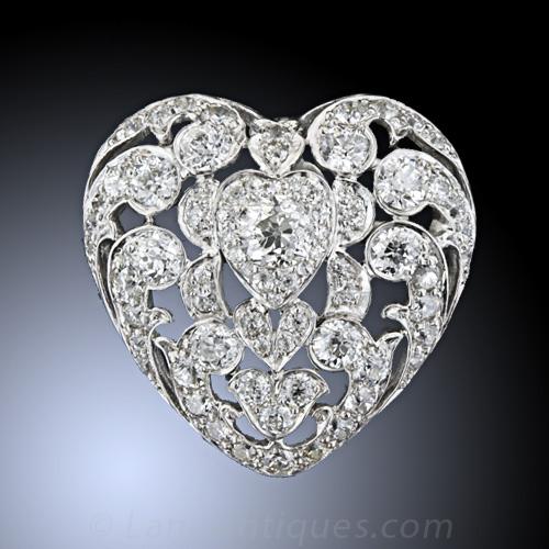 Edwardian Diamond Puffed Heart Pin/Pendant