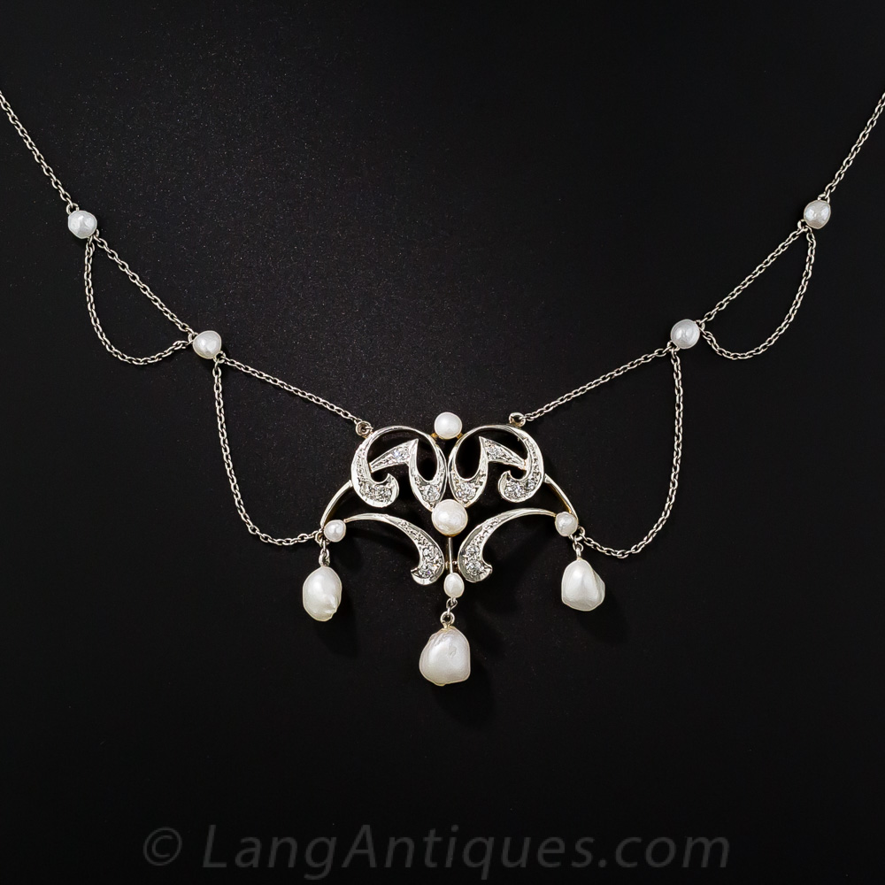 Edwardian Freshwater Pearl and Diamond Necklace