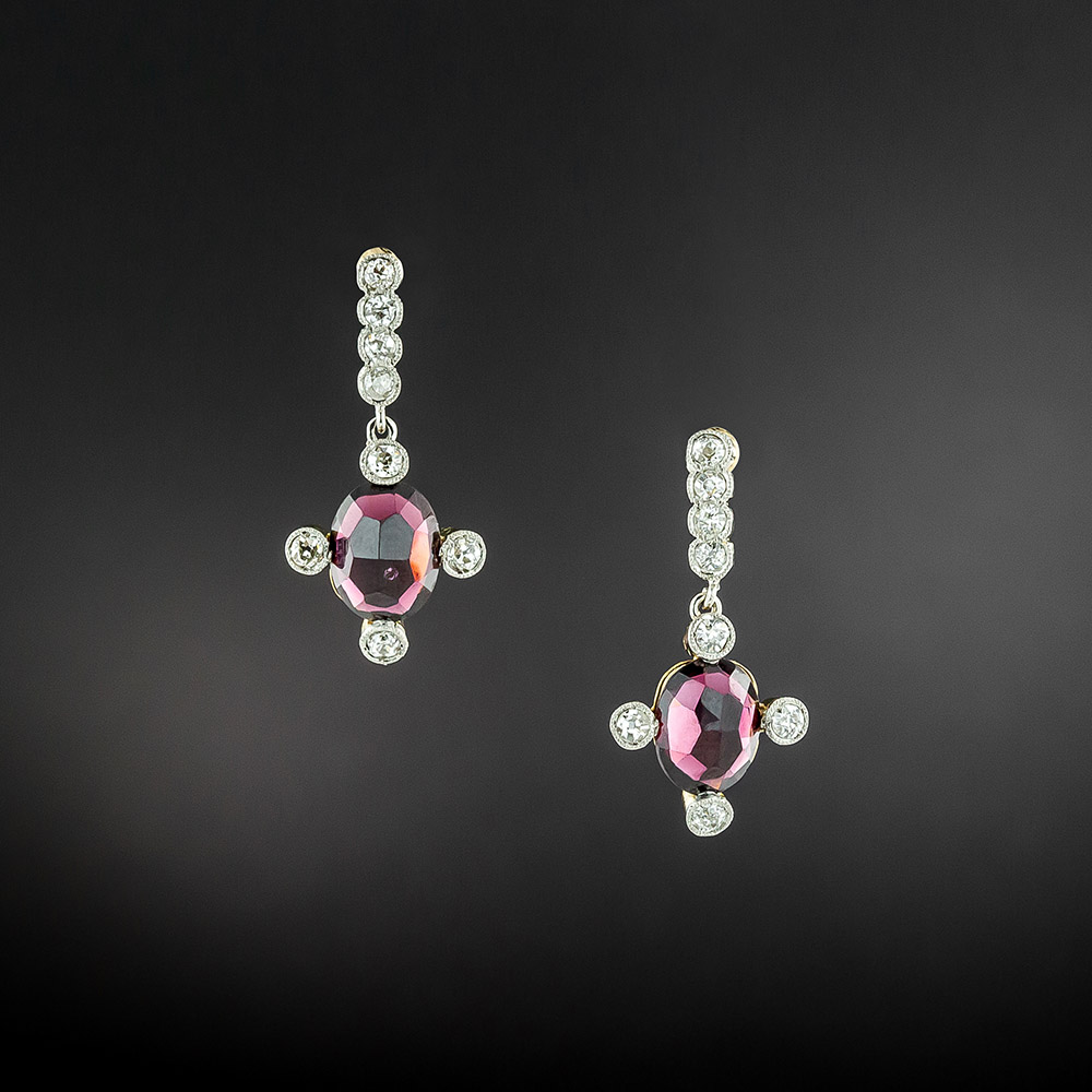 Edwardian Garnet and Diamond Drop Earrings