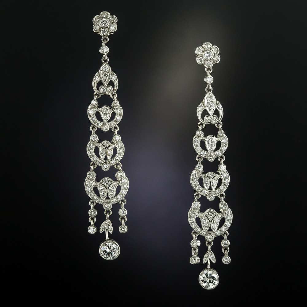 Edwardian Inspired Long Diamond Dangle Earrings