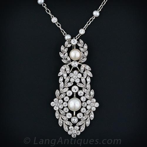 Edwardian Diamond, Pearl and Platinum Pendant Brooch, Garland Era