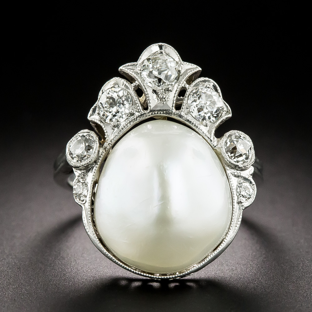 Edwardian Natural Freshwater Pearl and Diamond Ring - GIA