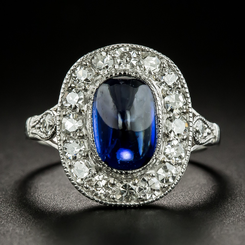 Edwardian Natural No-Heat Cabochon Sapphire and Diamond Halo Ring