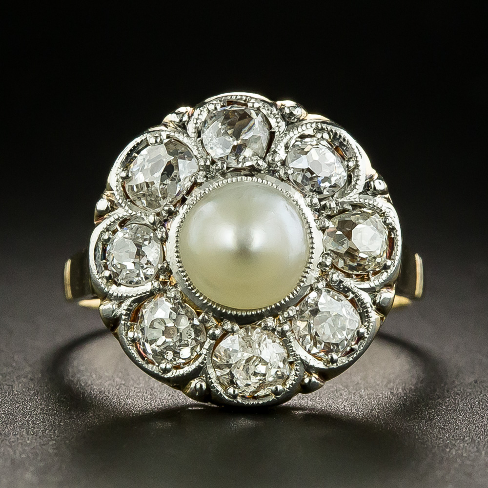 Edwardian Natural Pearl and Diamond Cluster Ring