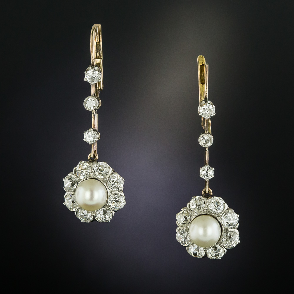 Edwardian Natural Pearl and Diamond Dangle Earrings - GIA