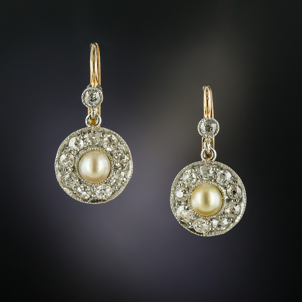 Edwardian Natural Pearl and Diamond Dangle Earrings