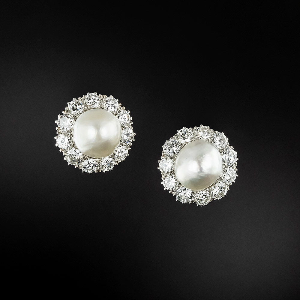 Edwardian Natural Pearl and Diamond Earrings - GIA