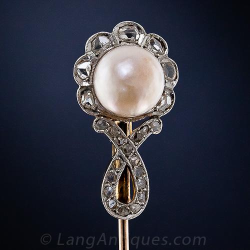 Edwardian Natural Pearl and Diamond Jabot Pin