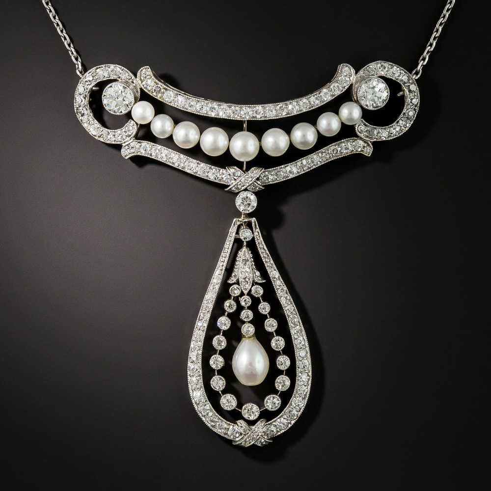 Edwardian Natural Pearl and Diamond Necklace