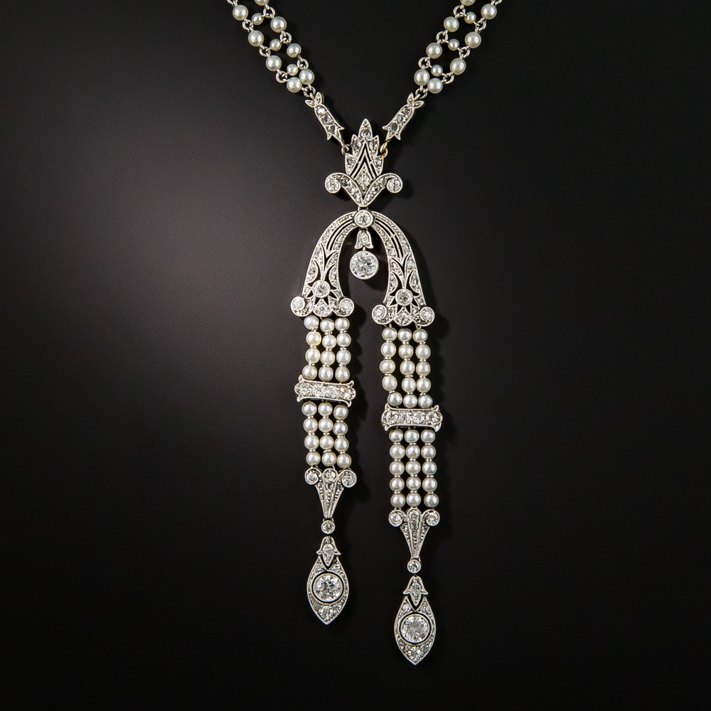Edwardian Natural Pearl Diamond Platinum Sautoir Necklace