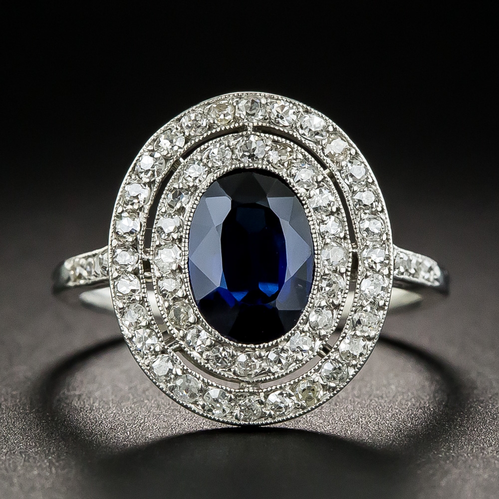 Edwardian Natural Sapphire Double Diamond Platinum Halo Ring