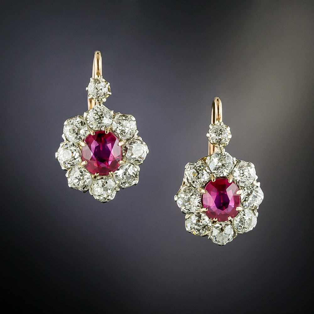 Edwardian No-Heat Burma Ruby and Diamond Cluster Earrings