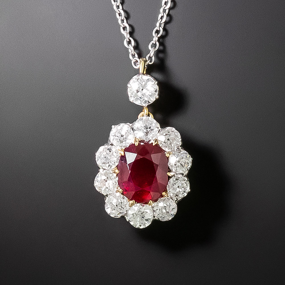 Edwardian No-Heat Burmese Ruby and Diamond Halo Necklace, Circa 1900