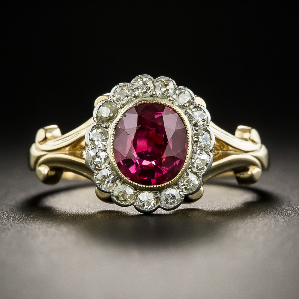 Edwardian No-Heat Thai Ruby Diamond Halo Ring - GIA