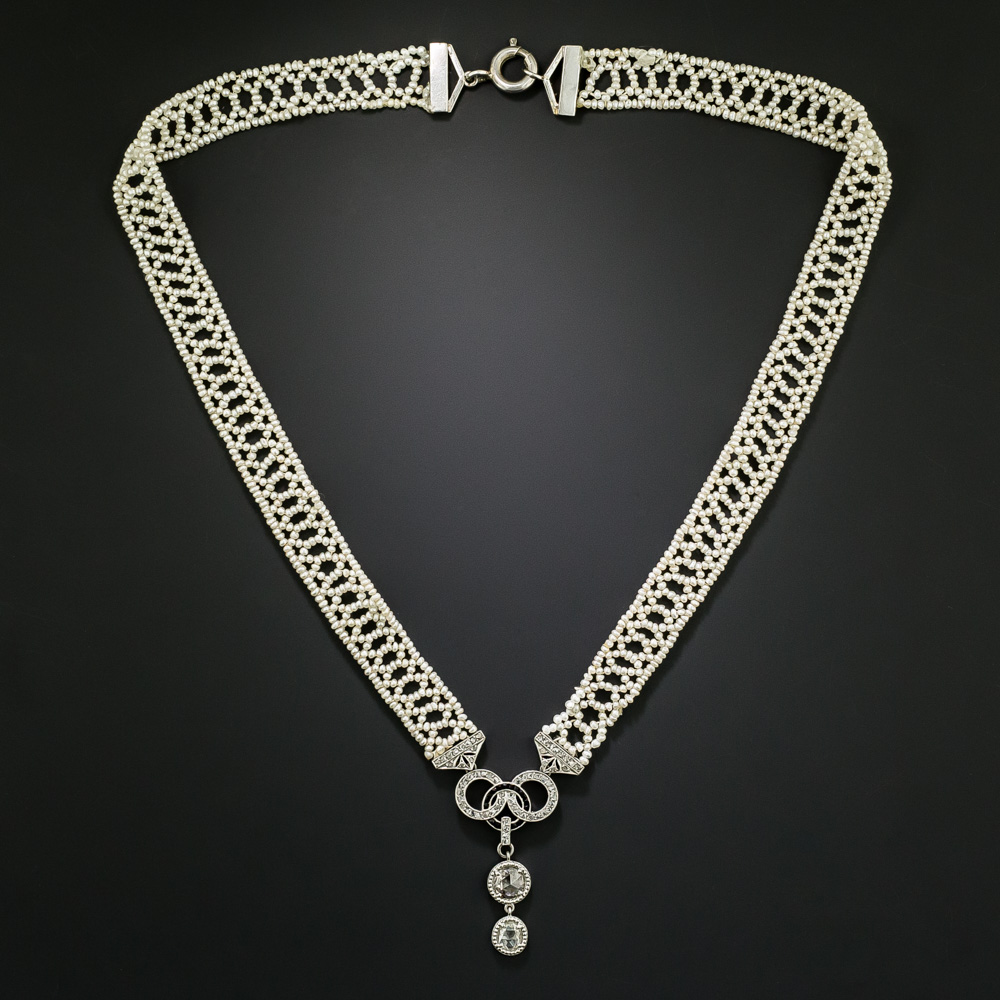 Edwardian Rose Cut Diamond and Natural Seed Pearl Choker