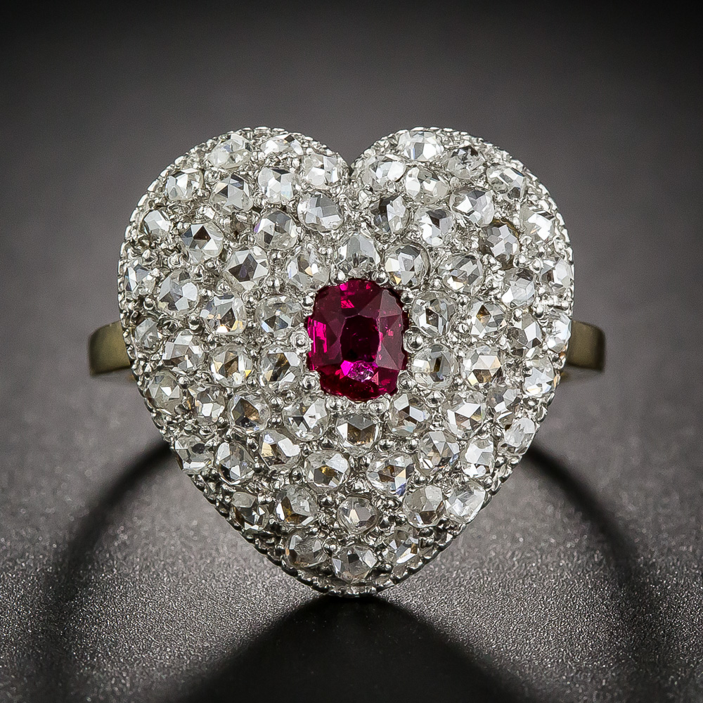 Edwardian Ruby and Diamond Heart Shape Ring