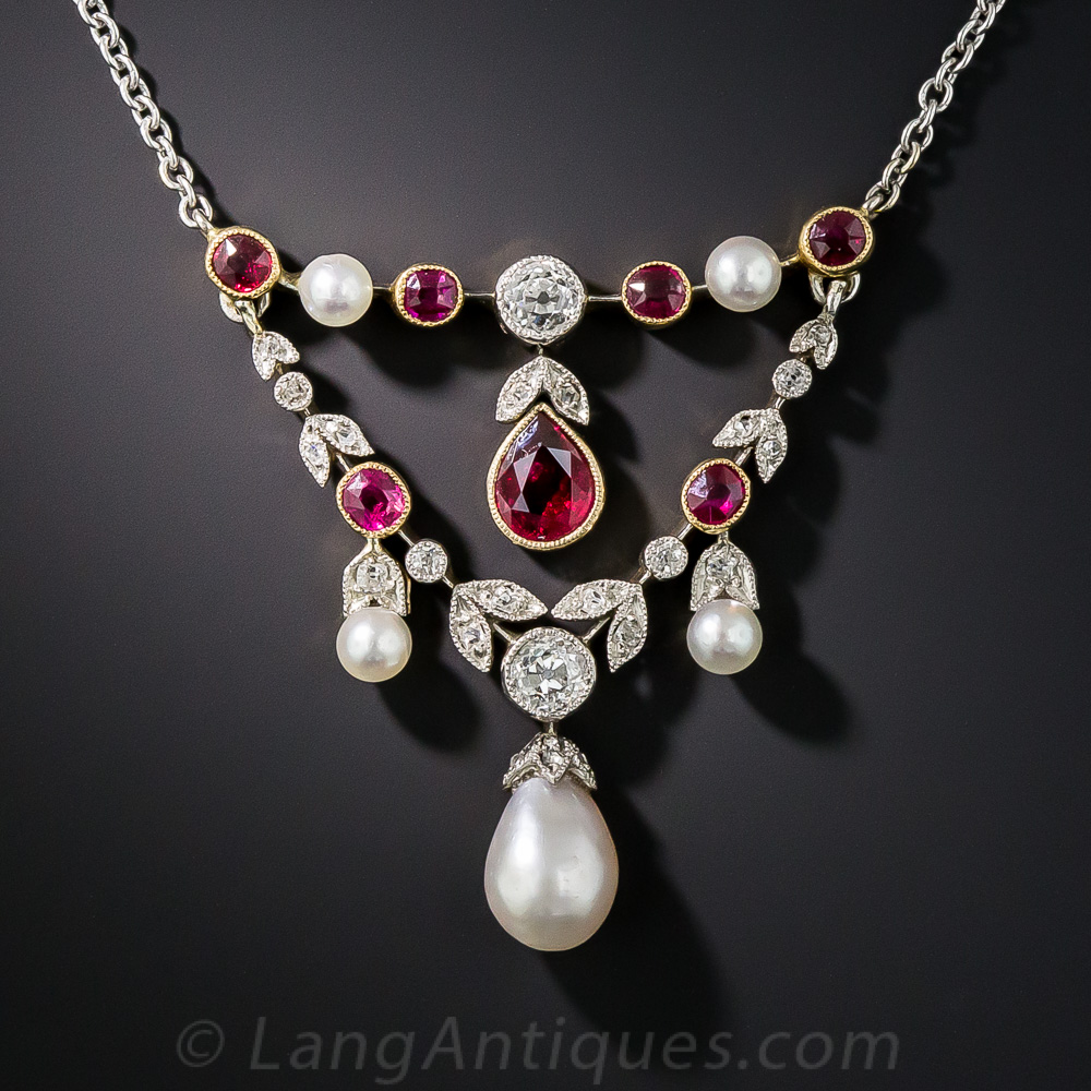 Edwardian Ruby Natural Pearl And Diamond Necklace