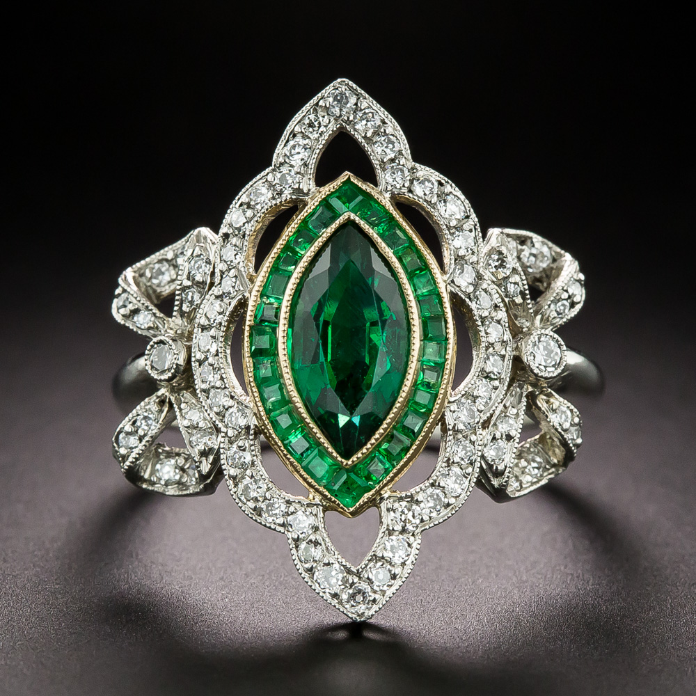 Edwardian-Style Marquise Emerald and Diamond Ring