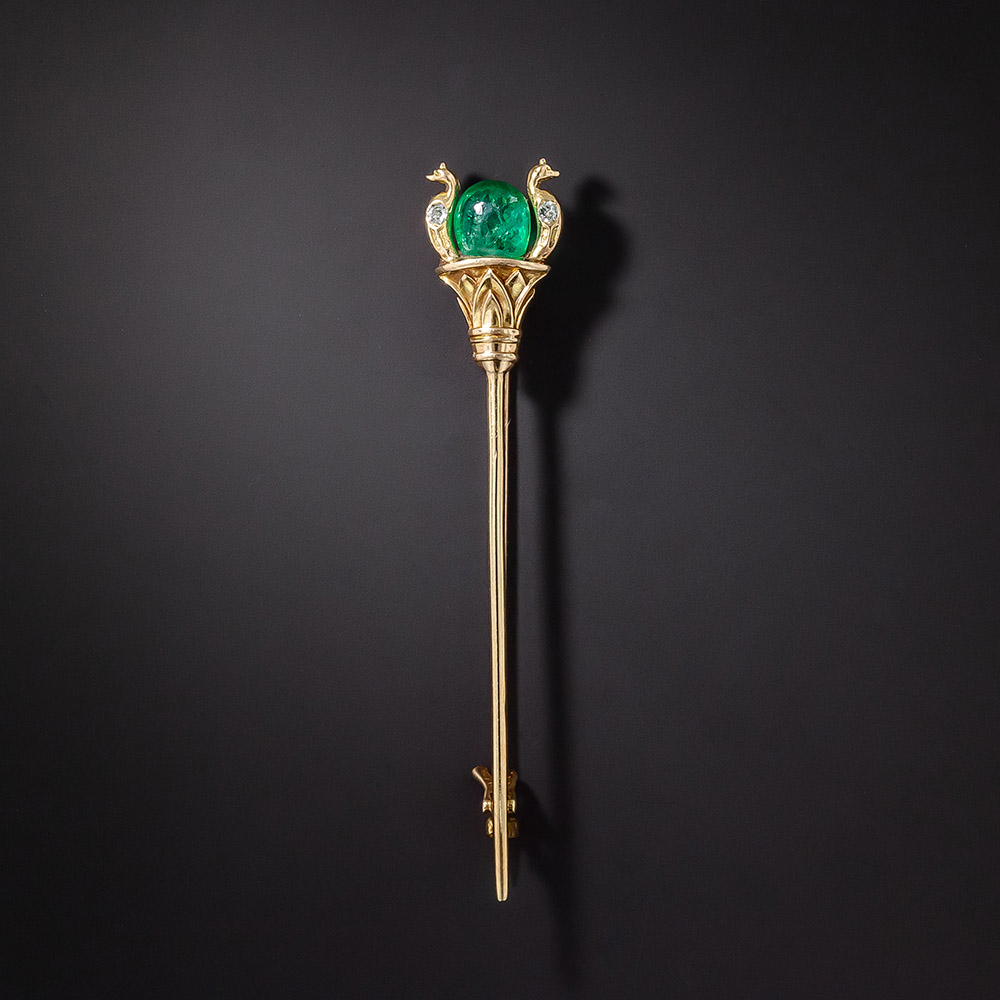 Egyptian Revival Falcon and Papyrus Emerald and Diamond Brooch