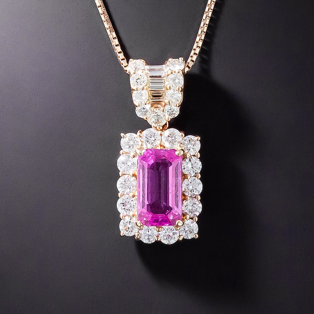 Art Deco Filigree Diamond Necklace With Pink Sapphire In 18K Rose Gold