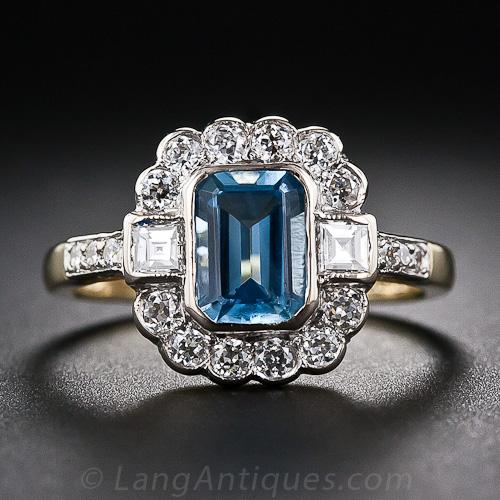 English Aquamarine and Diamond Ring