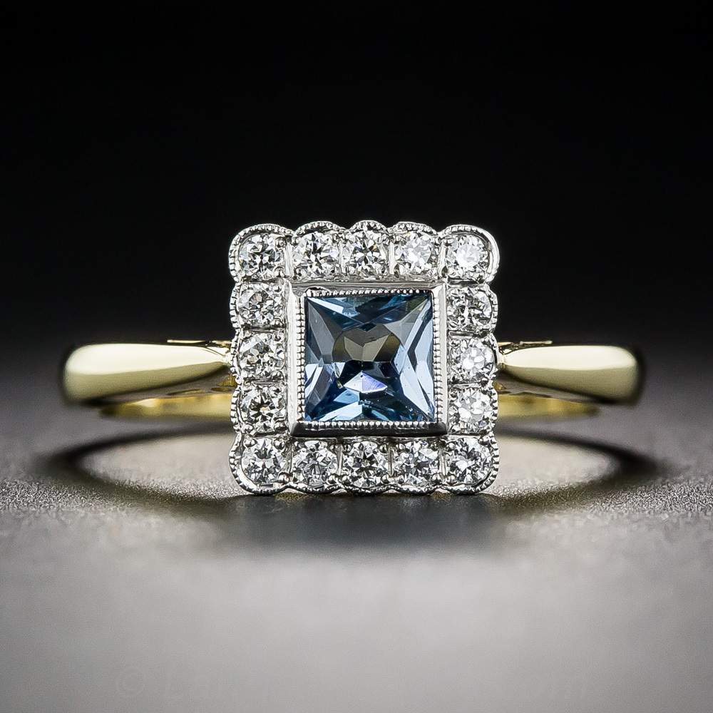 English Aquamarine and Diamond Vintage Style Ring