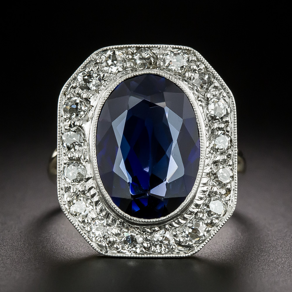 English Art Deco Synthetic Sapphire and Diamond Ring