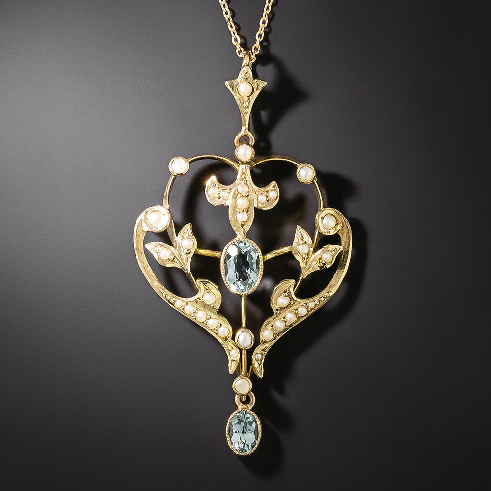 English Edwardian Aquamarine and Pearl Pendant