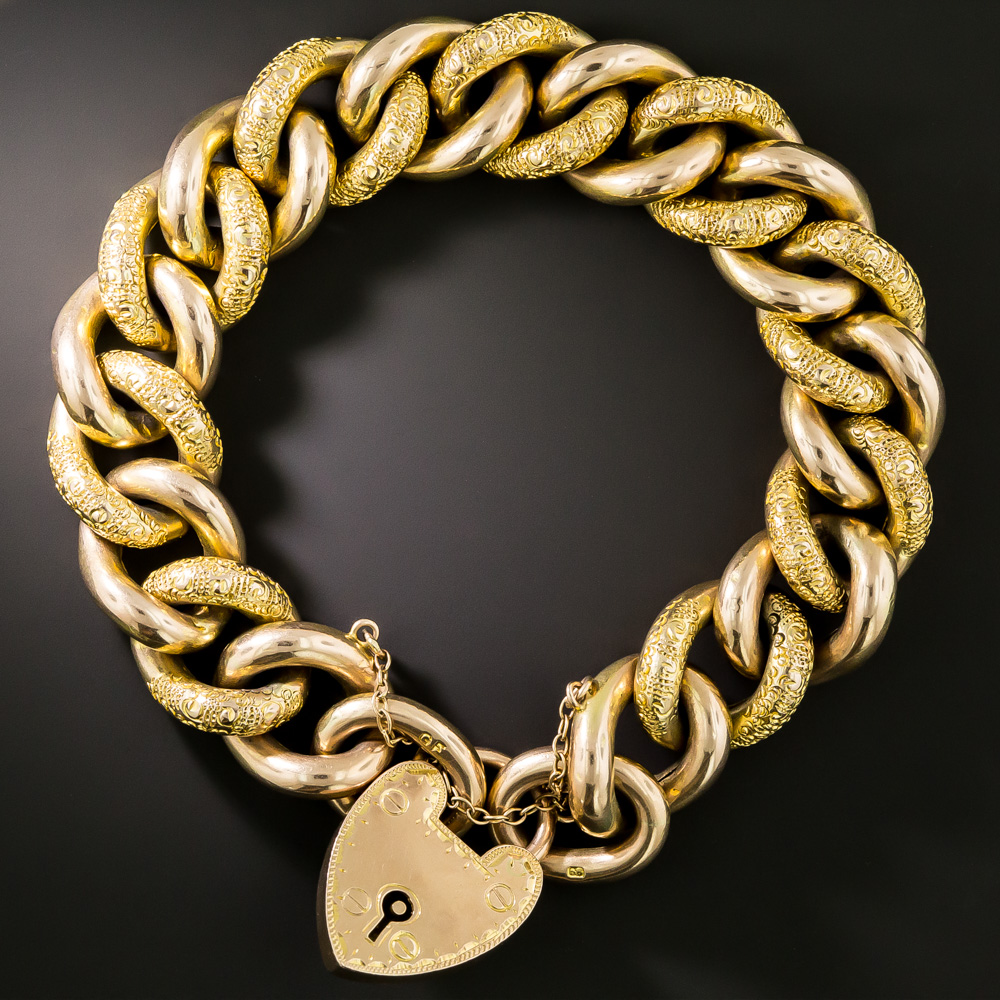 English Victorian 9K Gold Gate Bracelet with Heart Padlock Clasp